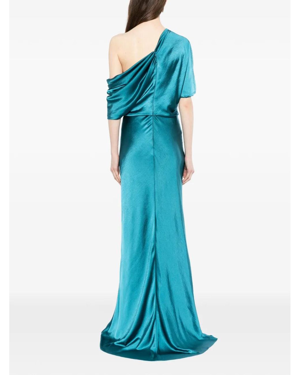Amsale Blue Off-Shoulder Draped Maxi Dress