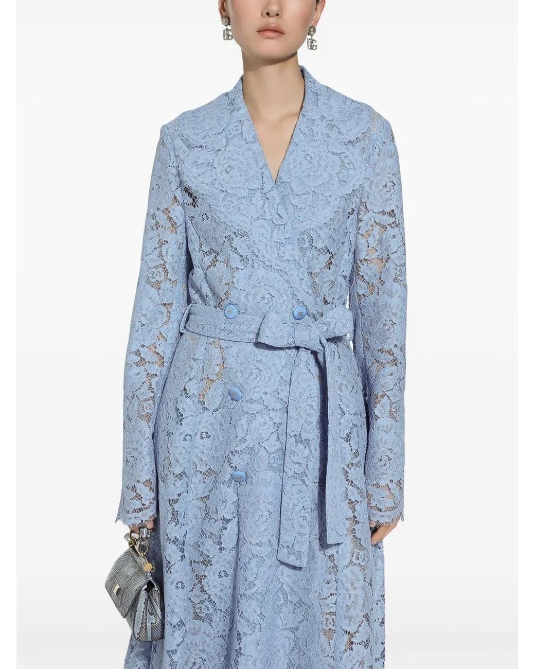Dolce & Gabbana Blue Floral Cordonetto Lace Trench Coat With Dg Logo
