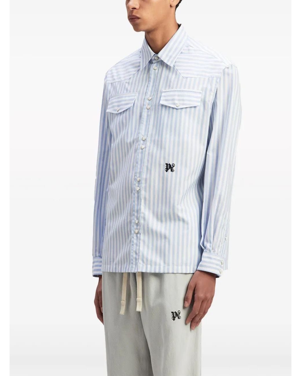 Palm Angels Blue And Striped Sleeve Shirt for men