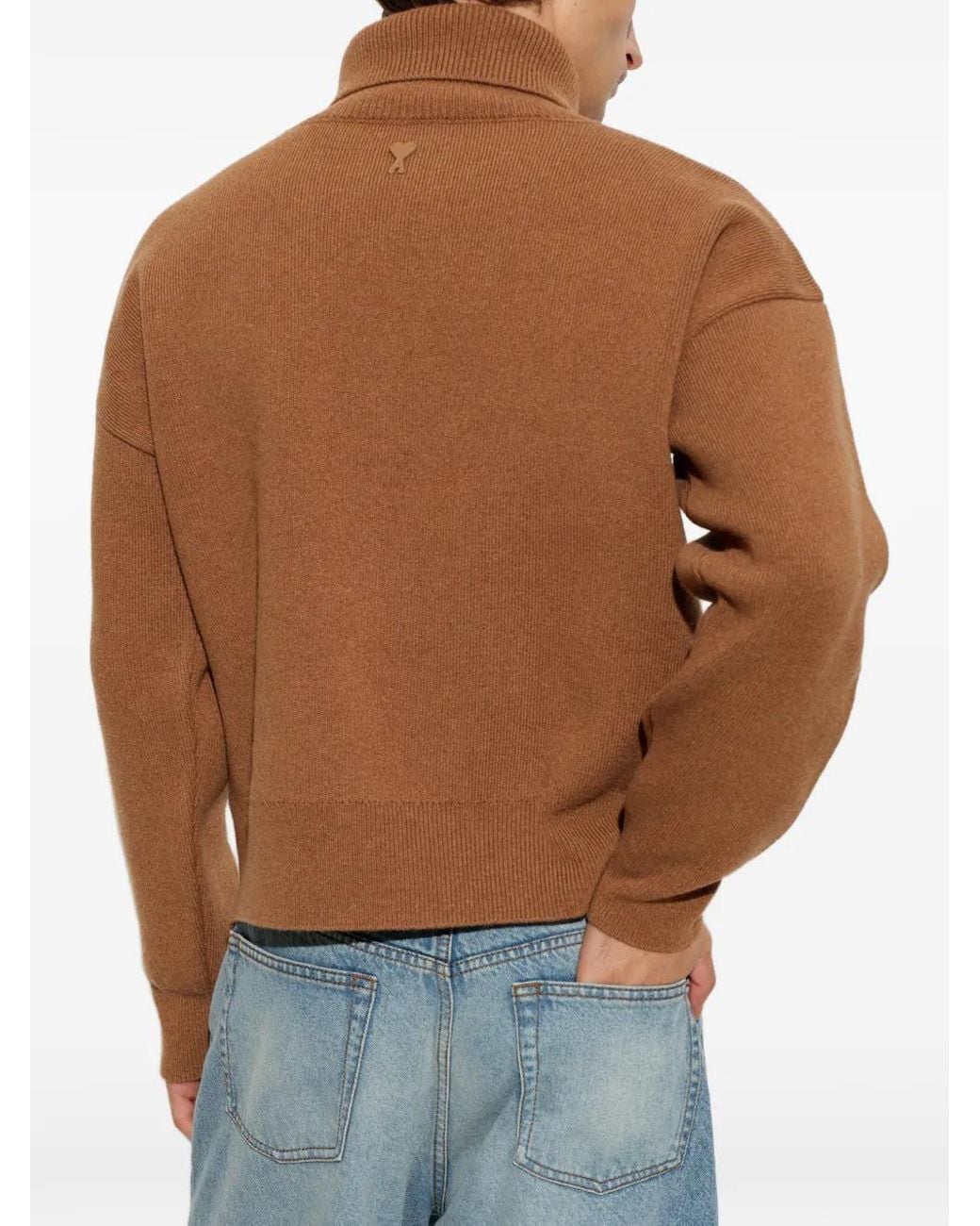 AMI Brown High Buttoned Collar Wool Sweater