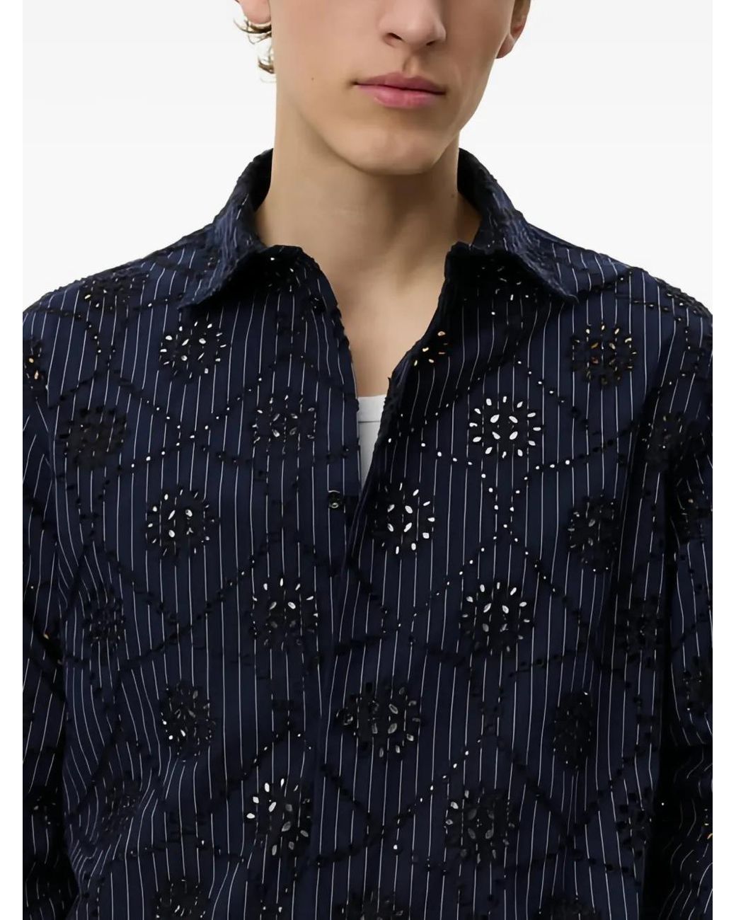 Les Deux Blue Kalen Broderie-Anglaise Striped Shirt for men