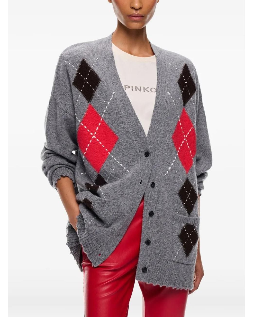 Pinko Gray Wool And Cashmere Cardigan With Diamond Motif