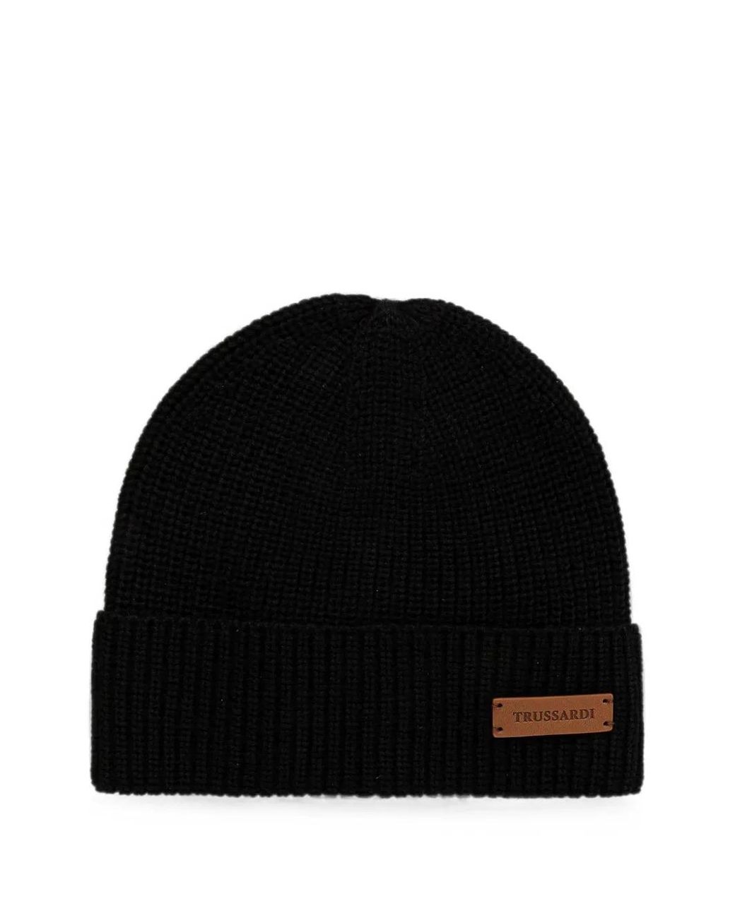 Trussardi Black Logo-Patch Ribbed-Knit Beanie Hat for men