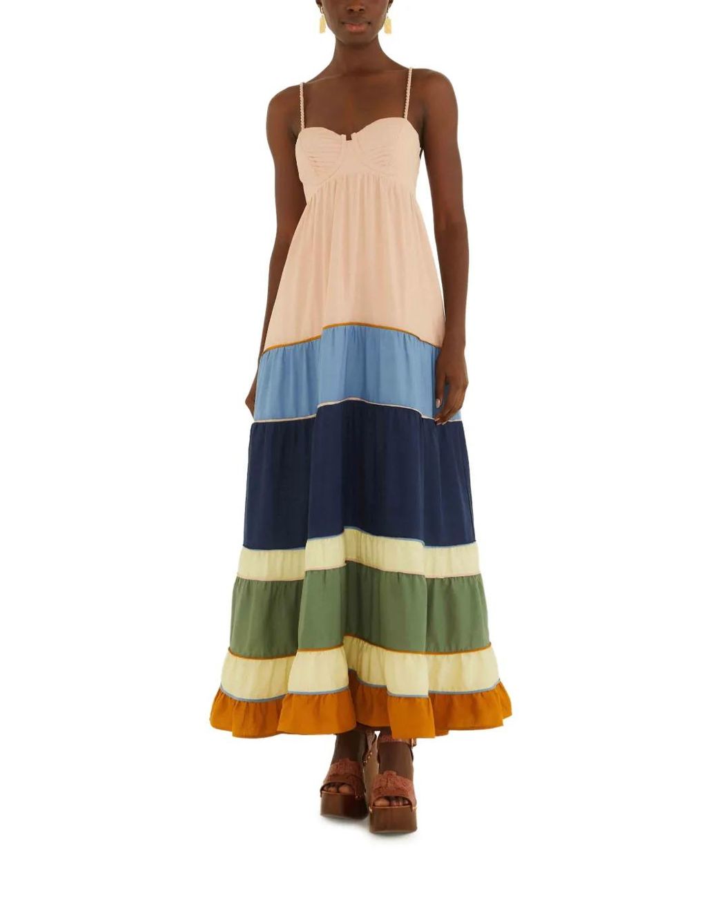 Farm Rio Blue Maxi FARM Rio Braided Straps Panelled Maxi Dress in Blue | Lyst