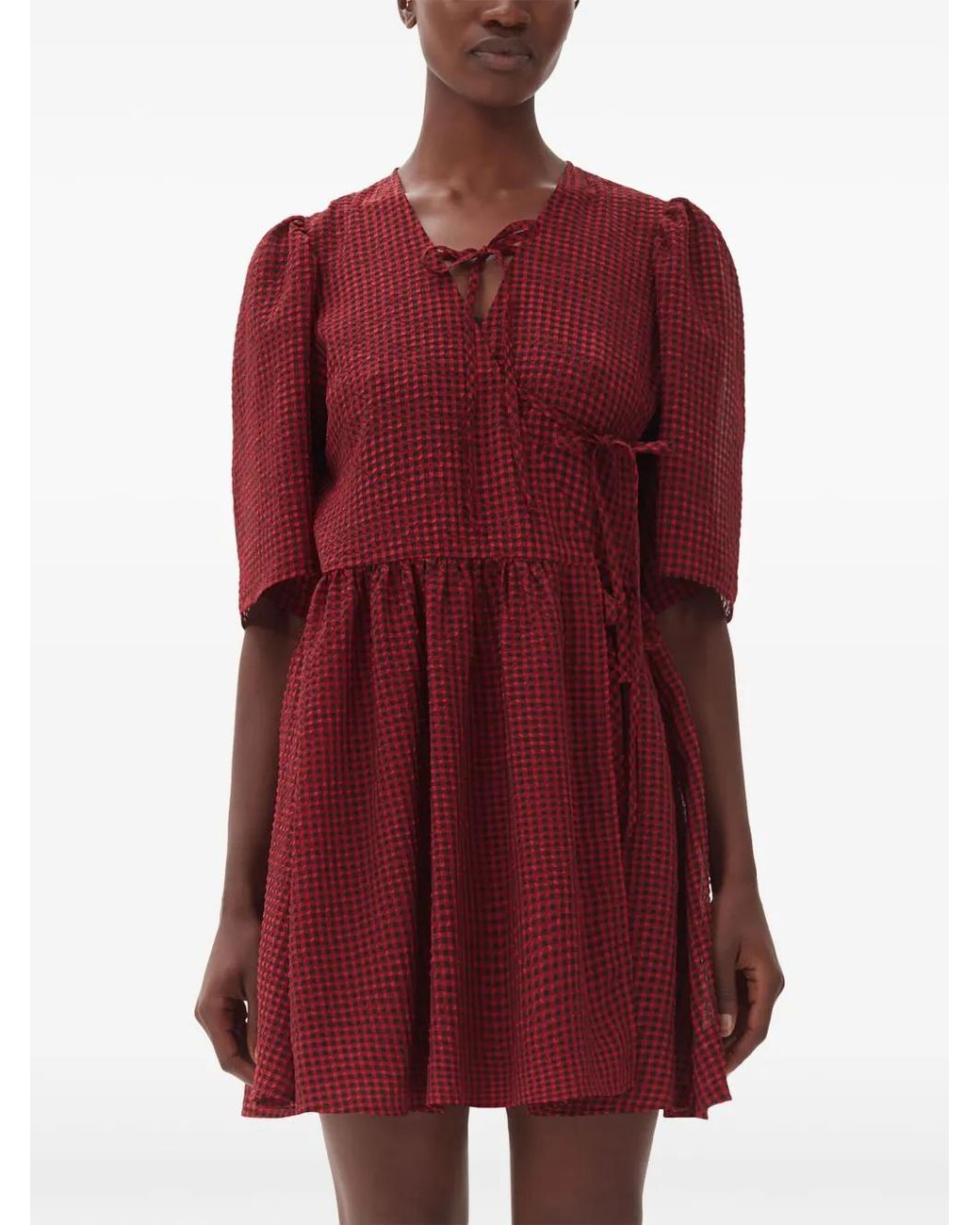 Ganni Red Gingham-Print Mini Wrap Dress