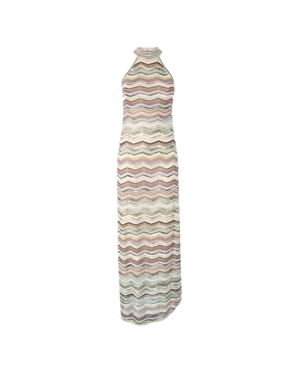 Missoni White Long Chevron Dress With Halterneck And Sequins