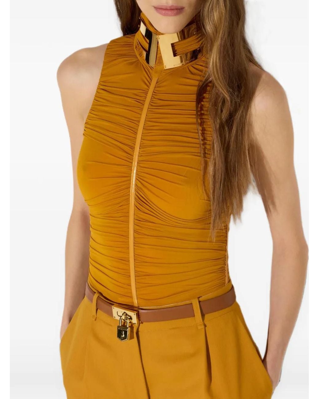 Elisabetta Franchi Yellow Ruched Jewel-Collar Bodysuit