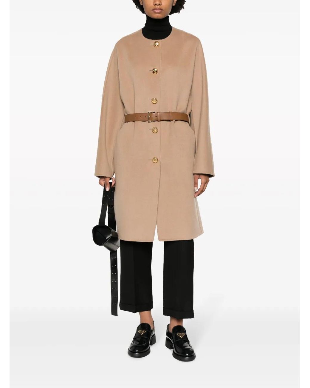 Prada Natural Single-Breasted Belted Coat