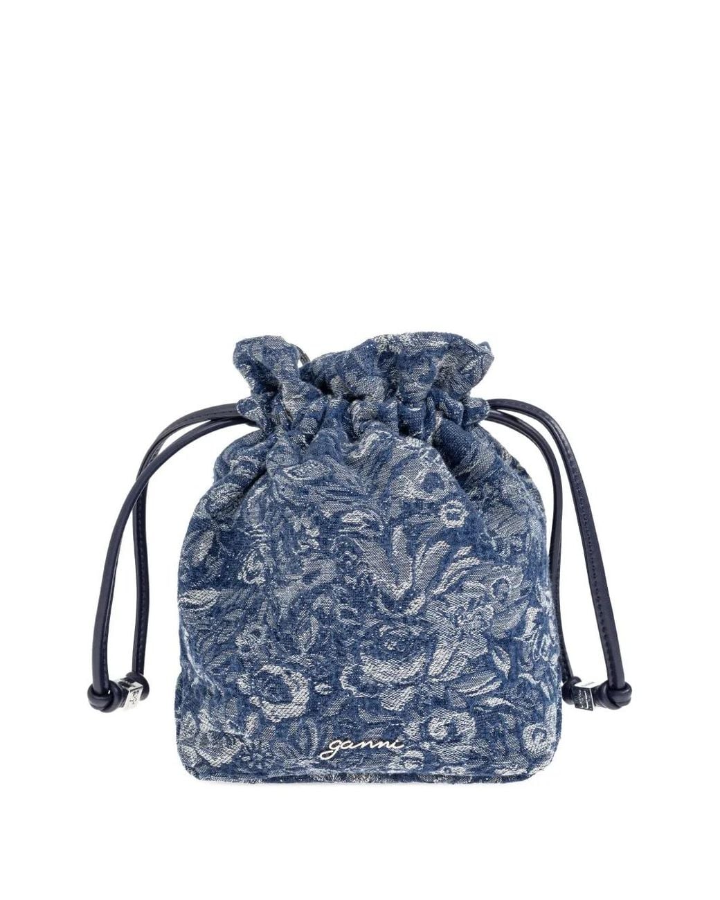 Ganni Blue Denim Waist Bag With Floral Motif