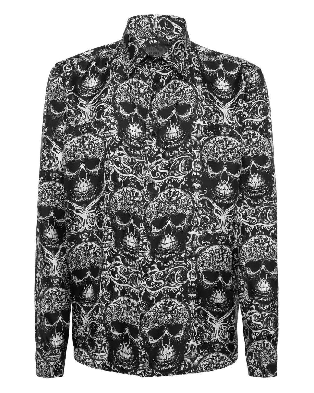 Philipp Plein Gray Printed Silk Shirt All Over Skull for men