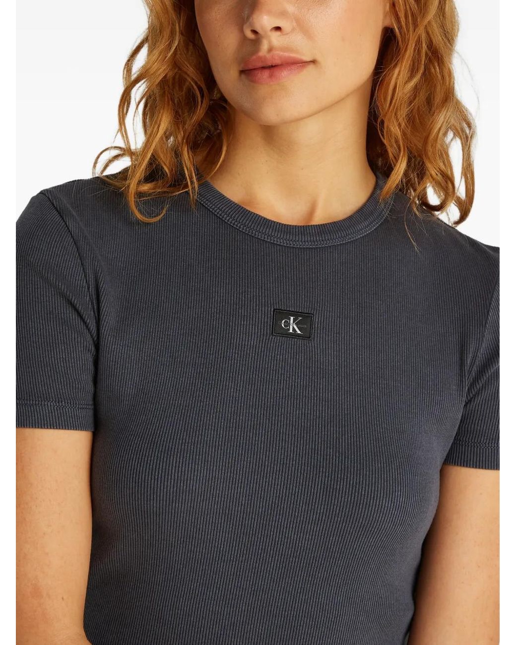 Calvin Klein Black Ribbed Logo-Patch T-Shirt