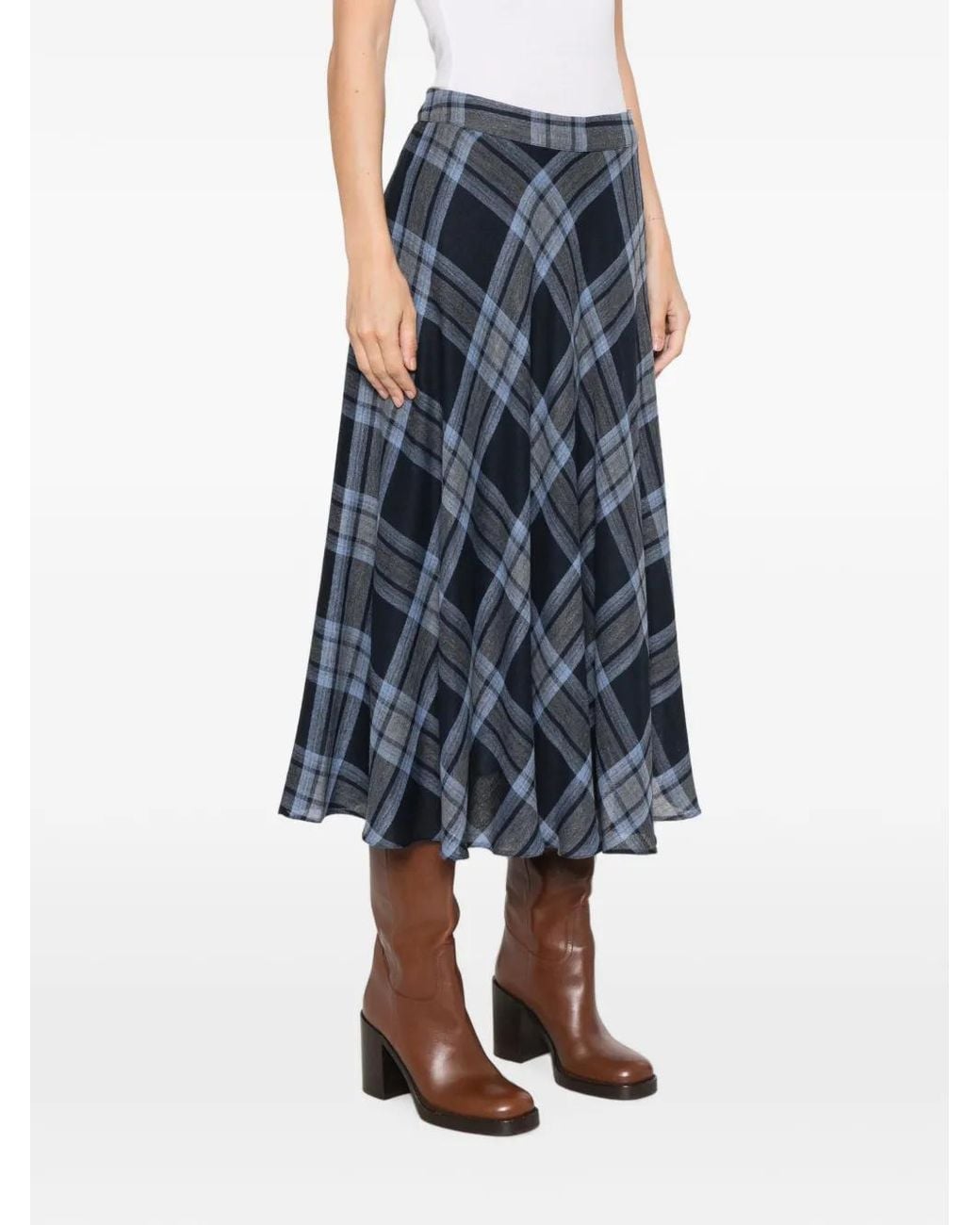 Marella Blue Check-Pattern Flared Mid Skirt