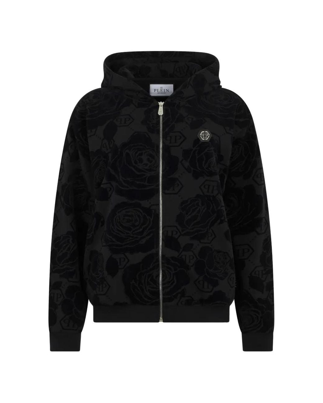 Philipp Plein Black Flock Flower Monogram Hoodie