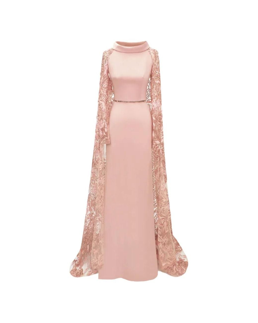 Gemy Maalouf Pink Floral-Embroidered Cape-Overlay Maxi Dress