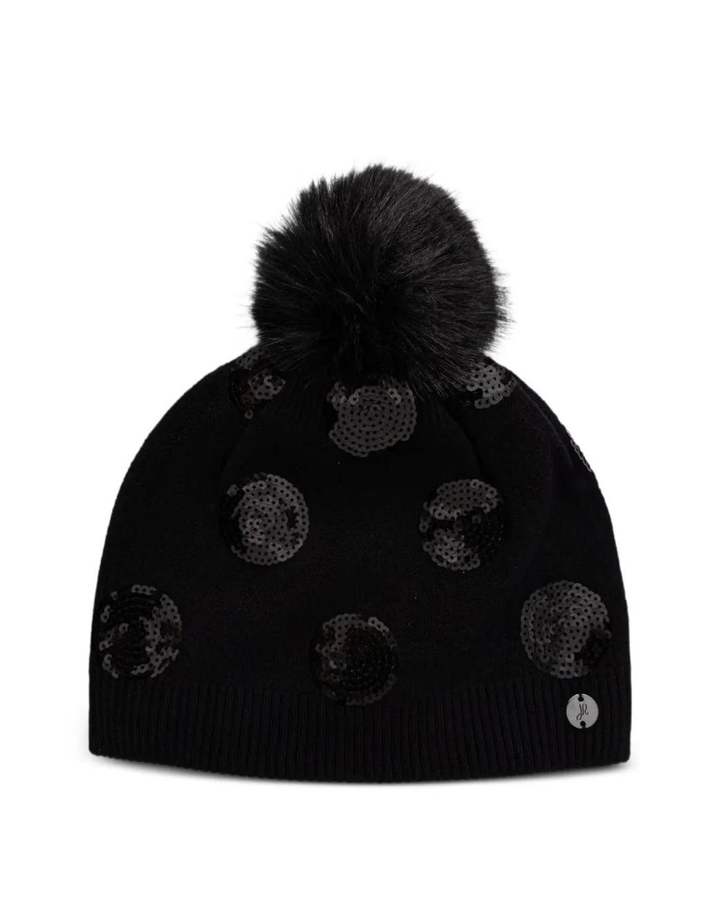 Joseph Ribkoff Black Sequin-Embellished Pom-Pom Beanie Hat