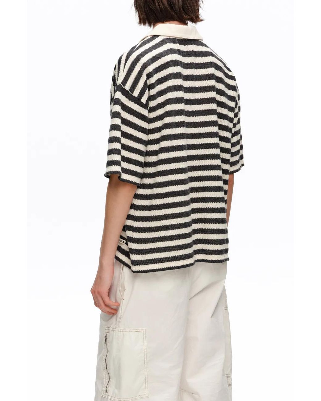 Bimba Y Lola Black Striped T-Shirt With Adjustable Polo Shirt Collar