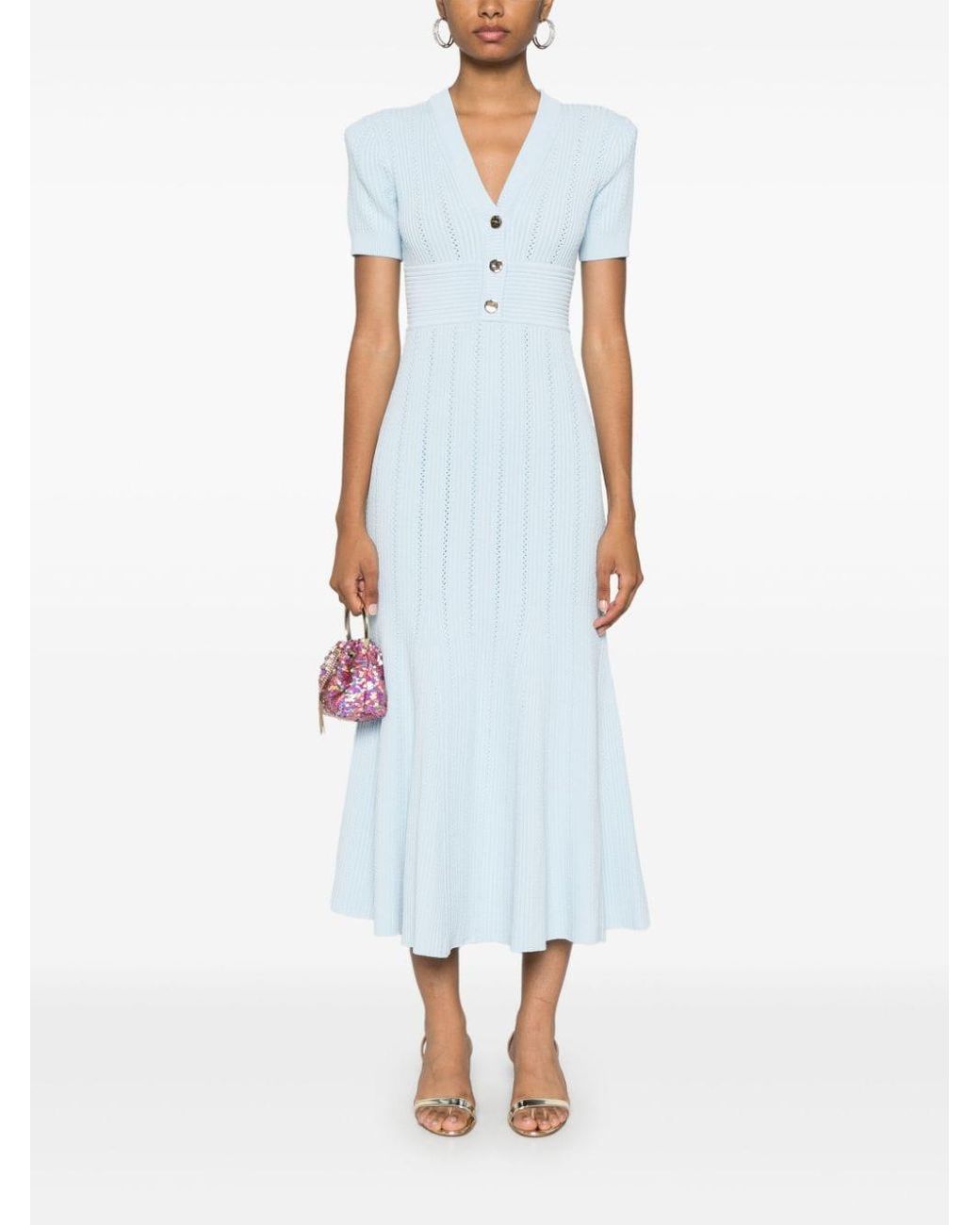 Self-Portrait Pointelle-Knit Midi Dress in Blue | Lyst
