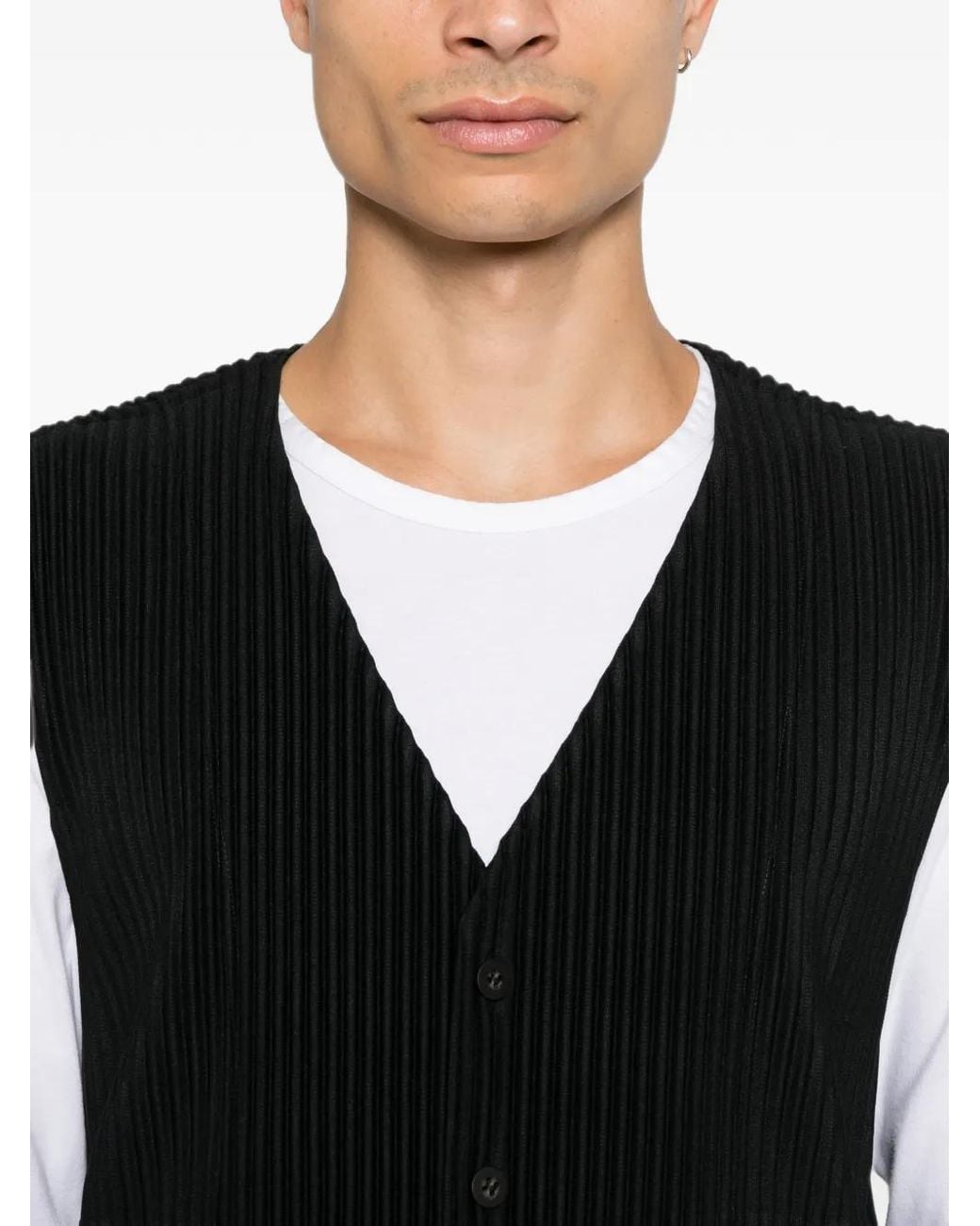 Homme Plissé Issey Miyake Black Pleated V-Neck Vest for men
