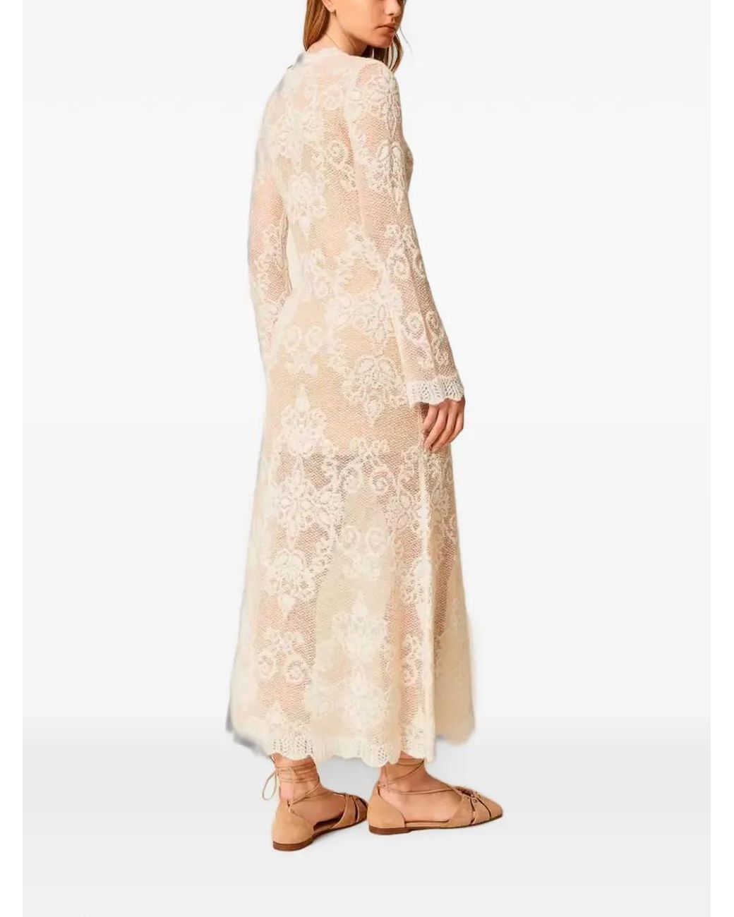 Twinset Natural Lace-Knit Long-Sleeve Midi Dress