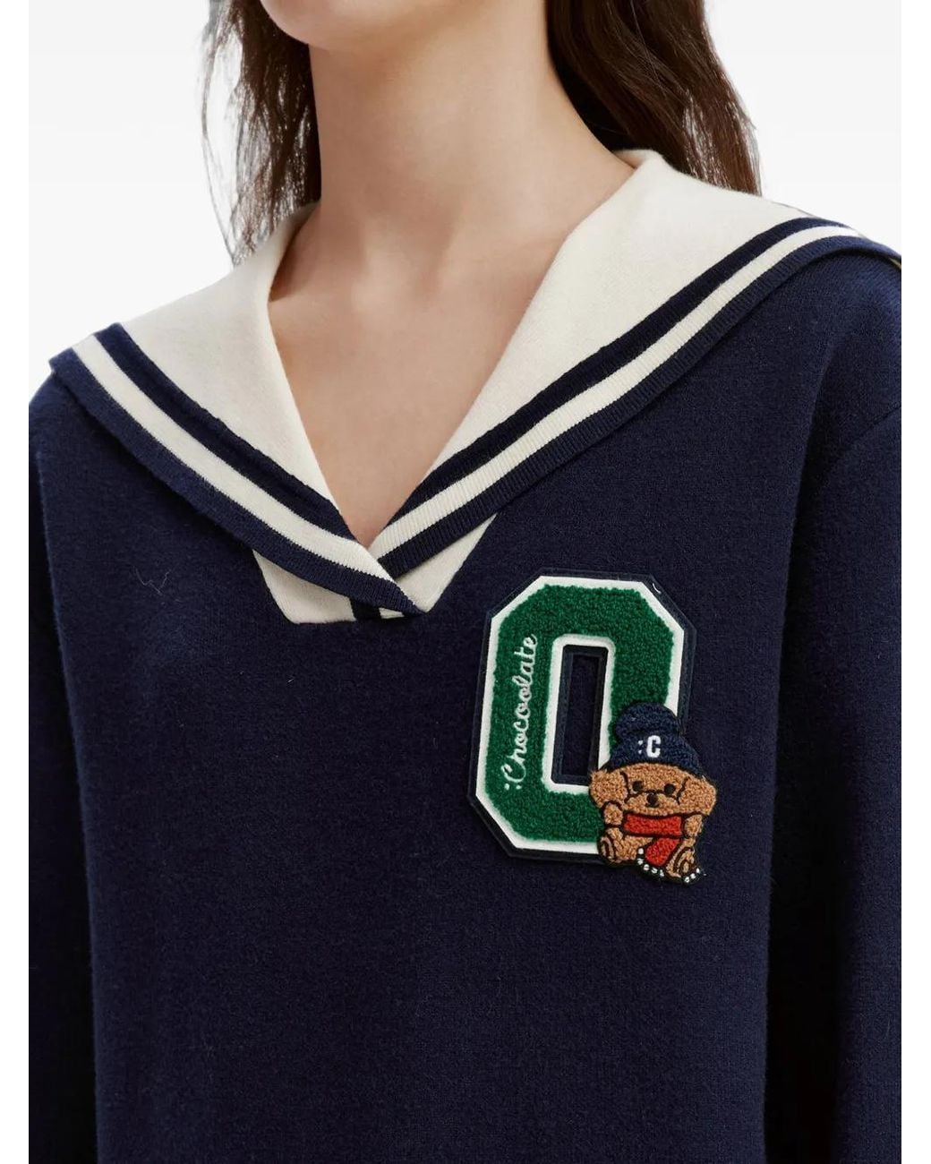 Chocoolate Blue Sailor-Collar Patch-Detail Sweater