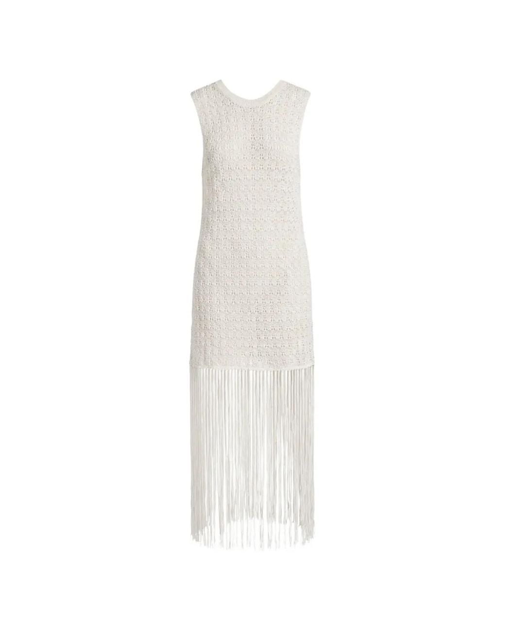 Ganni White Pointelle-Knit Fringe-Detail Dress