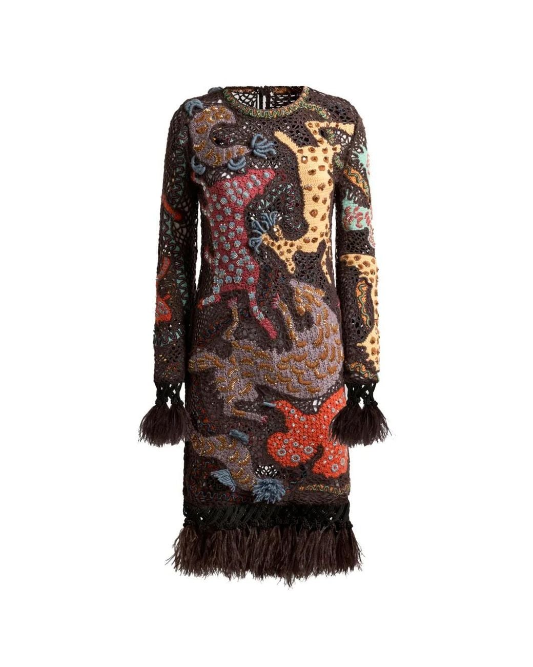 Etro Embroidered Crocheted Wool Mini Dress With Feather Trim