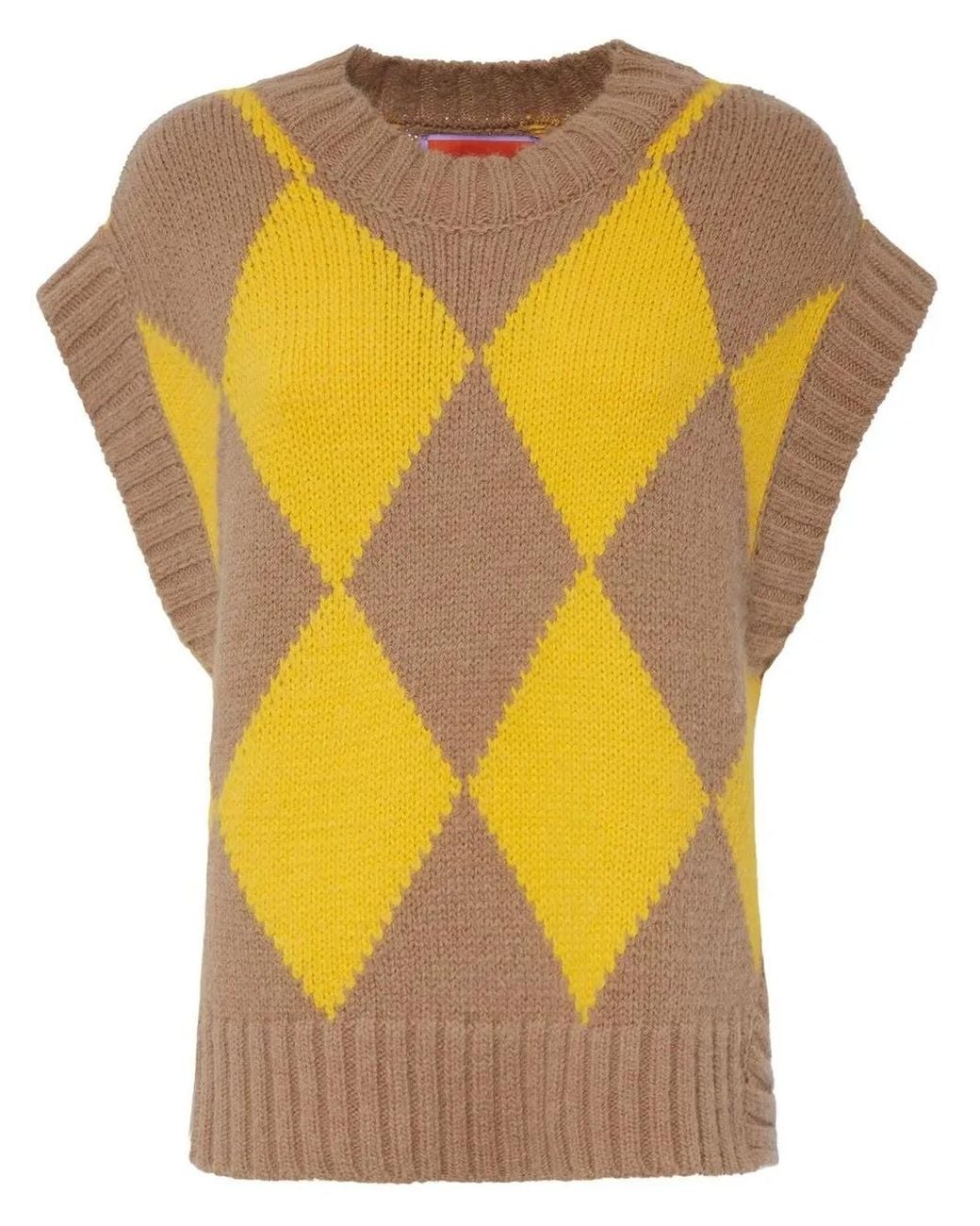 LaDoubleJ Yellow Argyle-Check Knit Vest