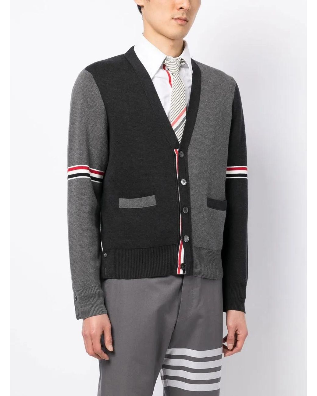 Thom Browne Black Tonal Panelled Cotton Cardigan for men
