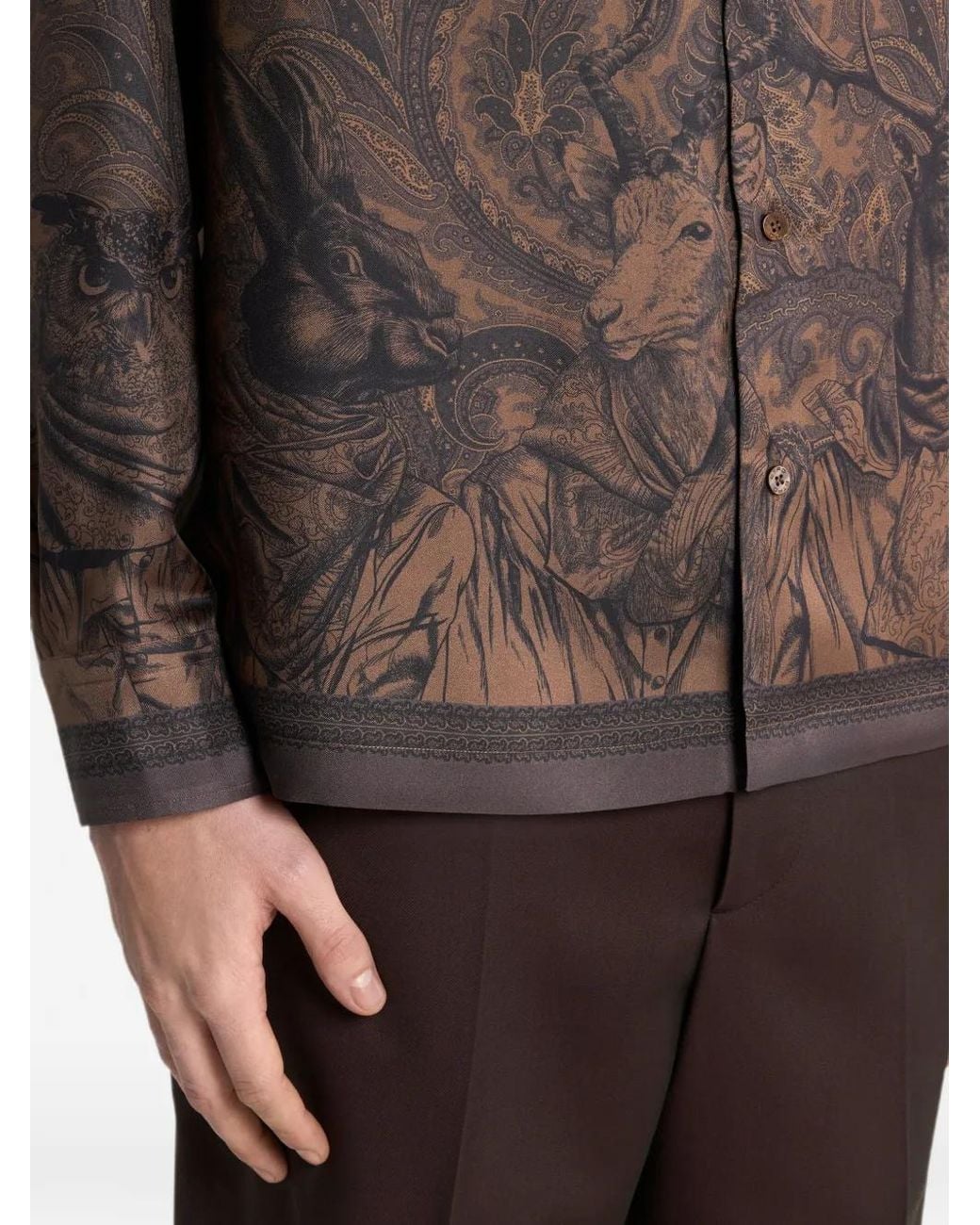 Etro Brown Silk Twill With Placed Paisley And Animal Print for men