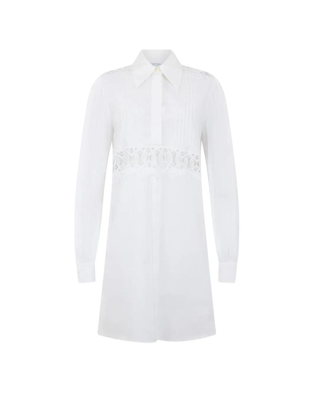 Alberta Ferretti White Lace-Panel Pintuck-Detail Mini Dress