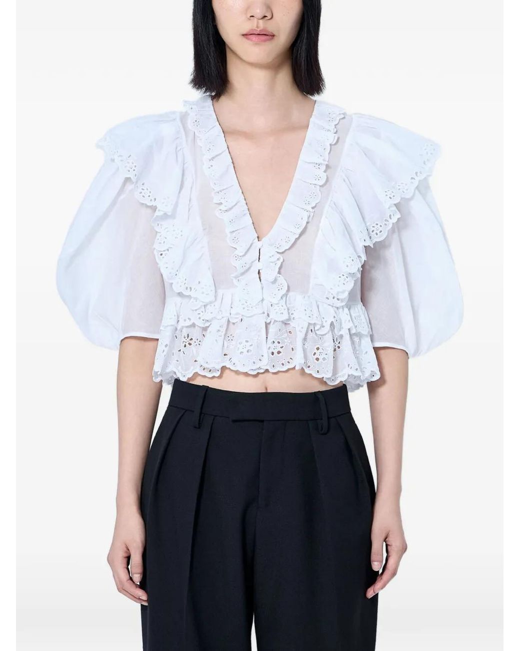Chloé White Cropped V-Neck Ruffle Top