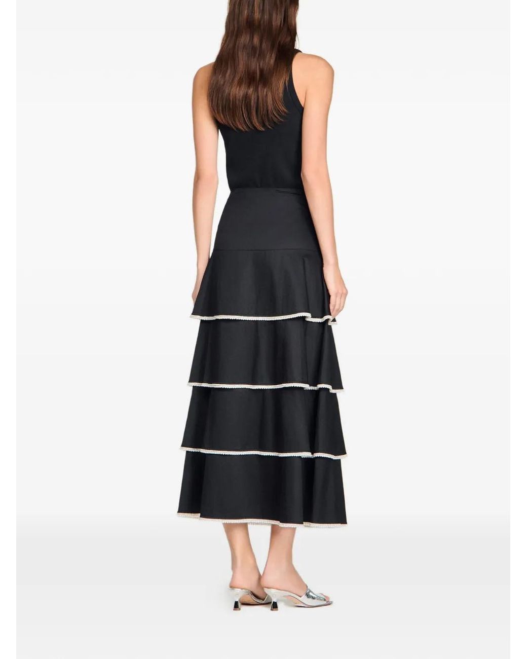 Sandro Black Maxi Ruffled Rhinestone Skirt