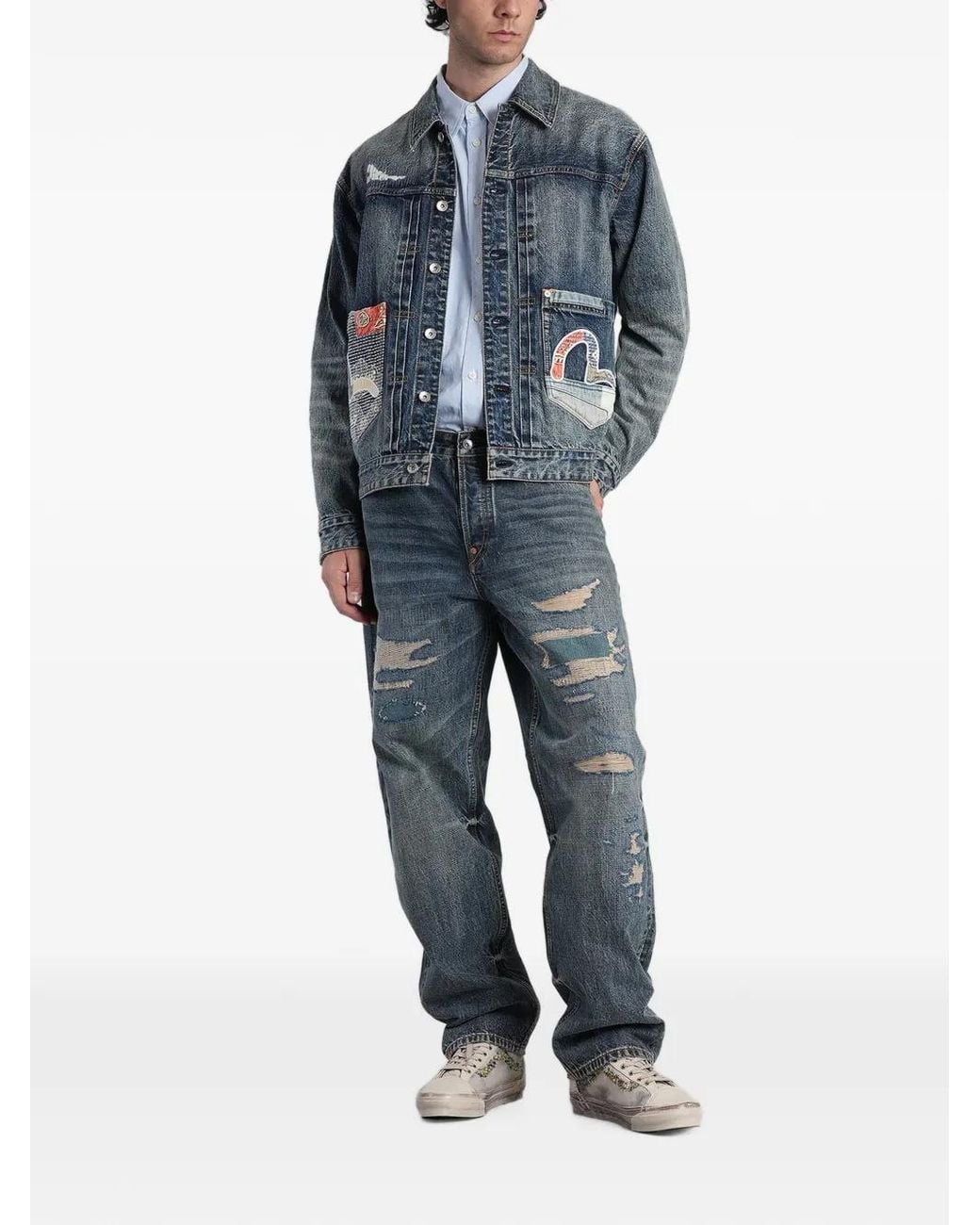Evisu Blue Jean À Design Patchwork Et Effet Usé for men