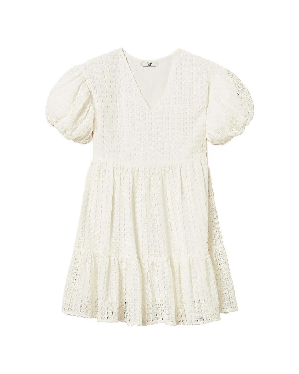 Twinset White Puff-Sleeved Tiered Dress