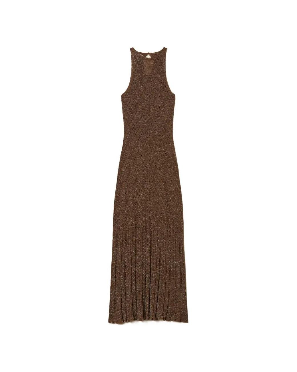 Twinset Brown Long Linen Knit Dress With Lurex