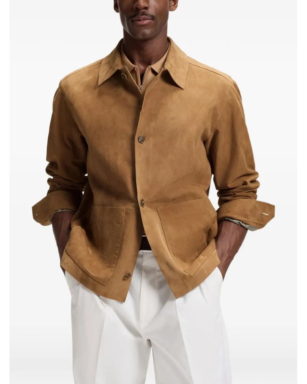 Boss Brown Button-Up Suede Jacket With Checkered Lining for men