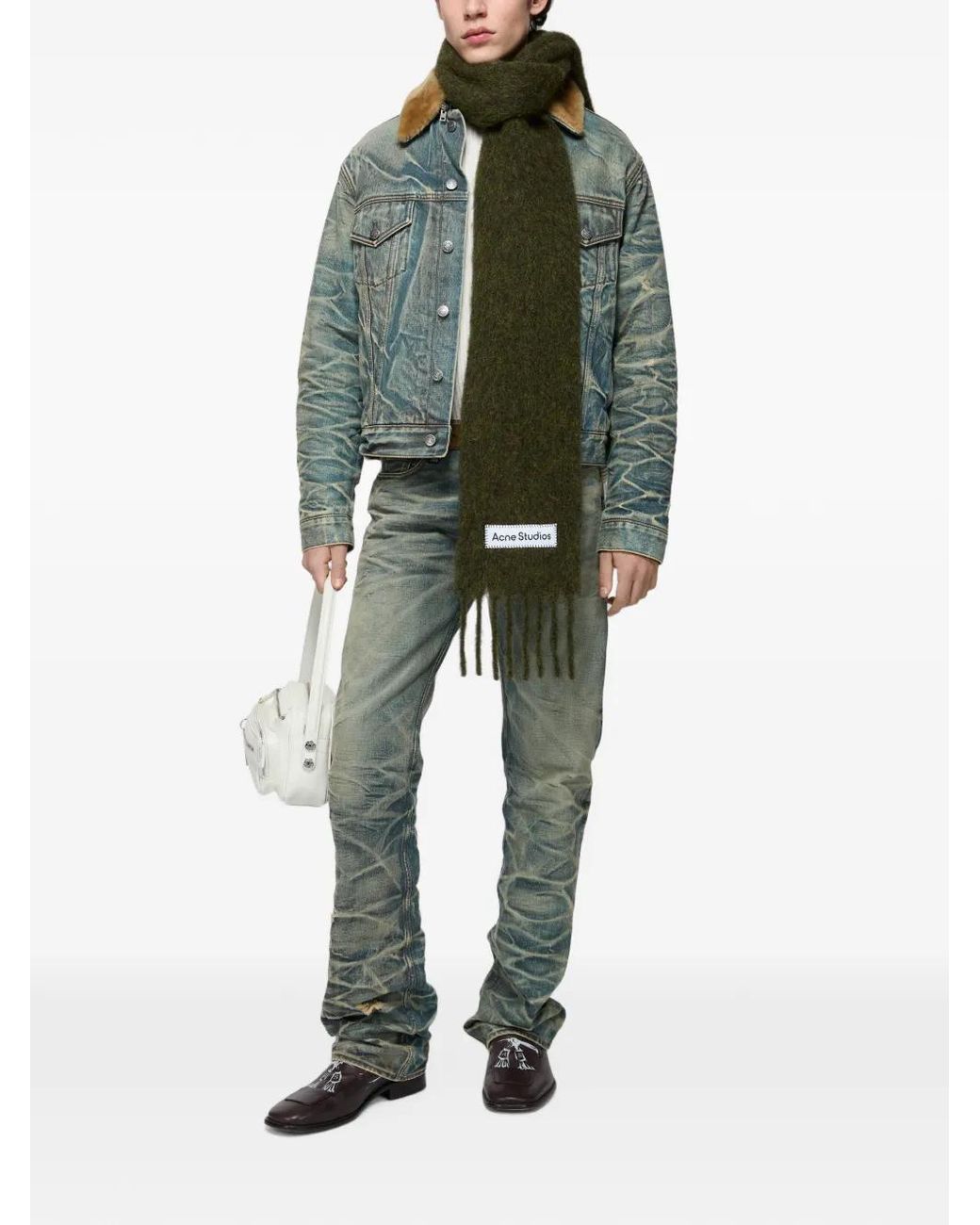 Acne Green Fringed Logo-Patch Scarf