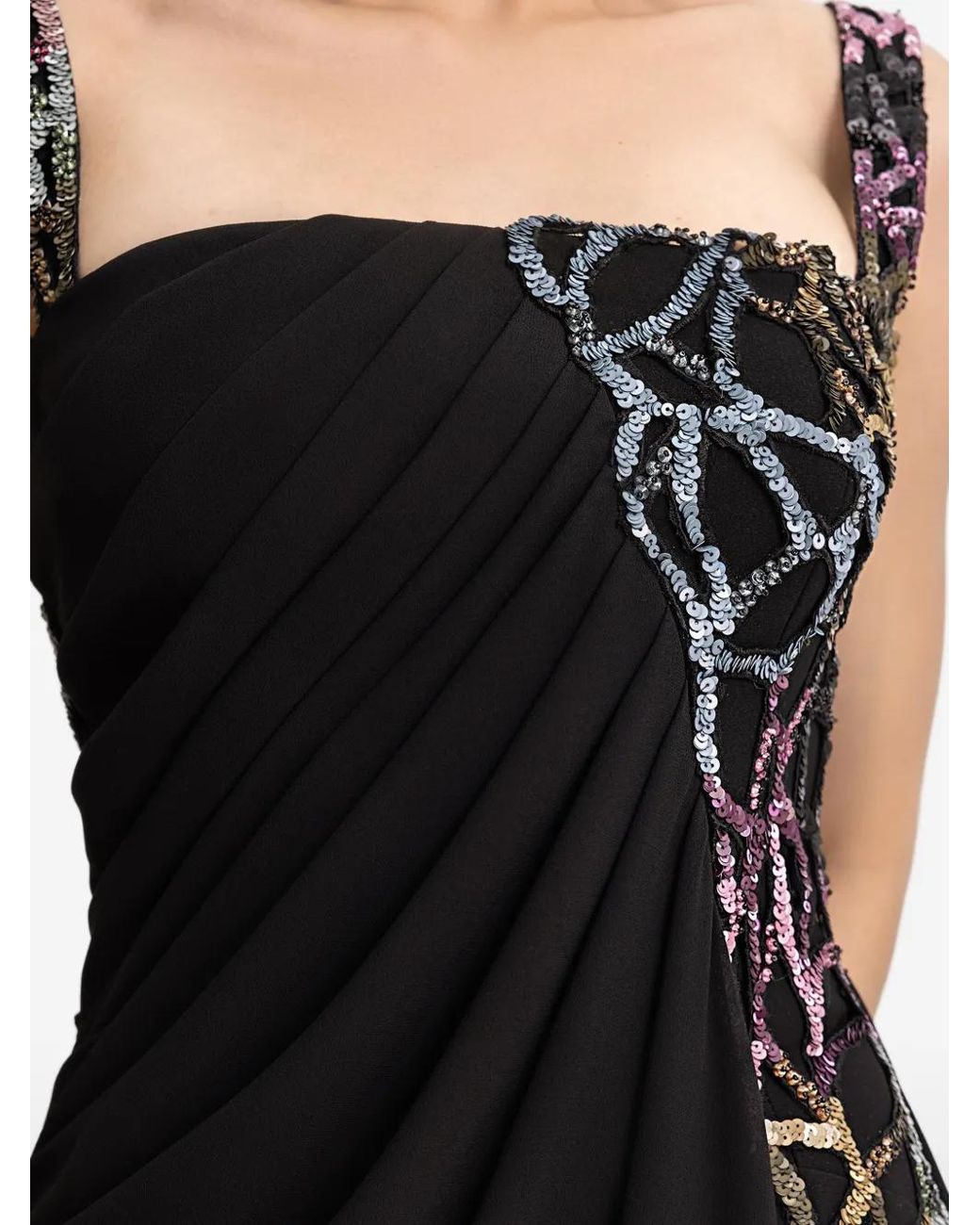 Gemy Maalouf Black Draped Beaded Maxi Dress