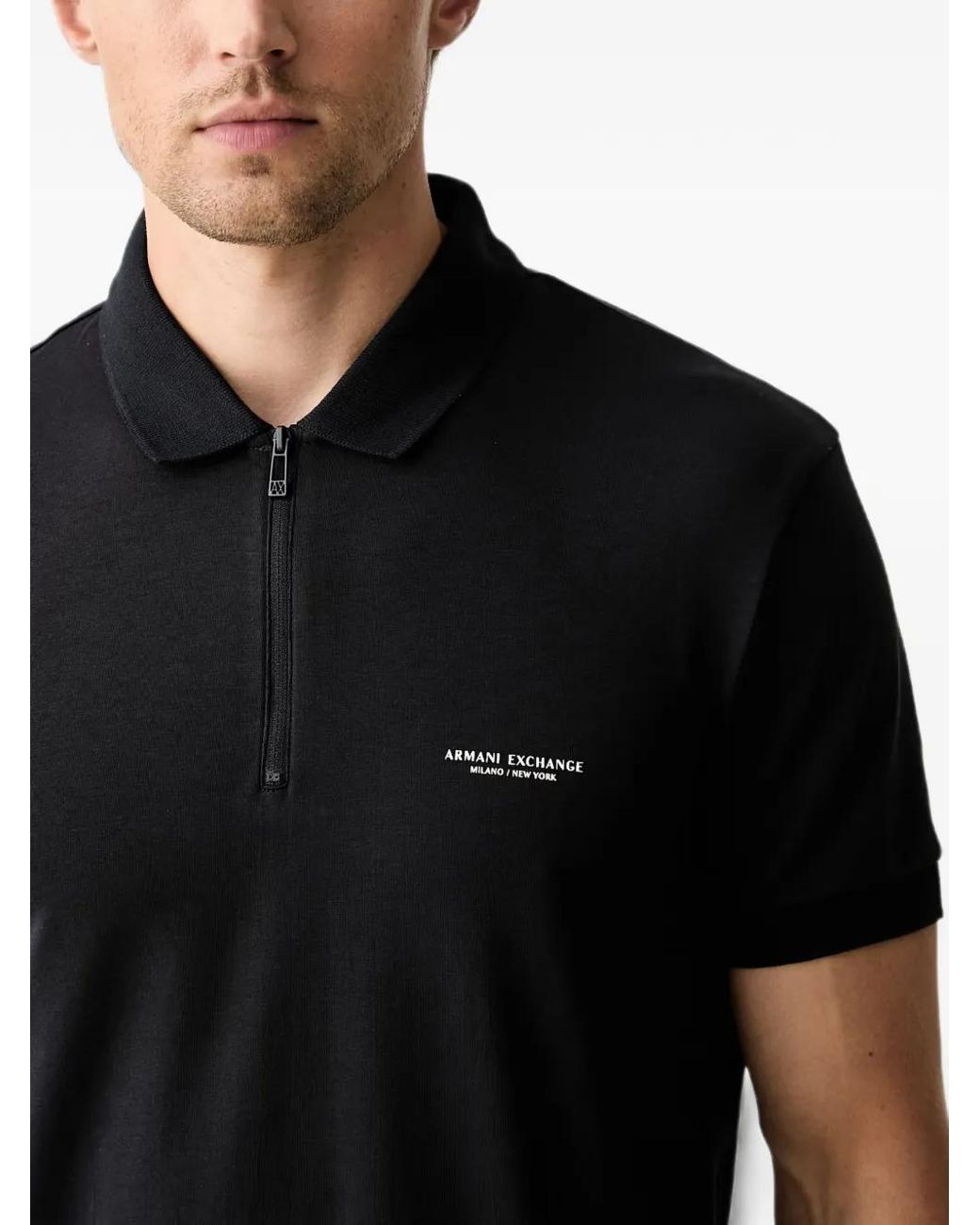 ARMANI EXCHANGE Black Logo-Print Zip-Neck Polo Shirt for men