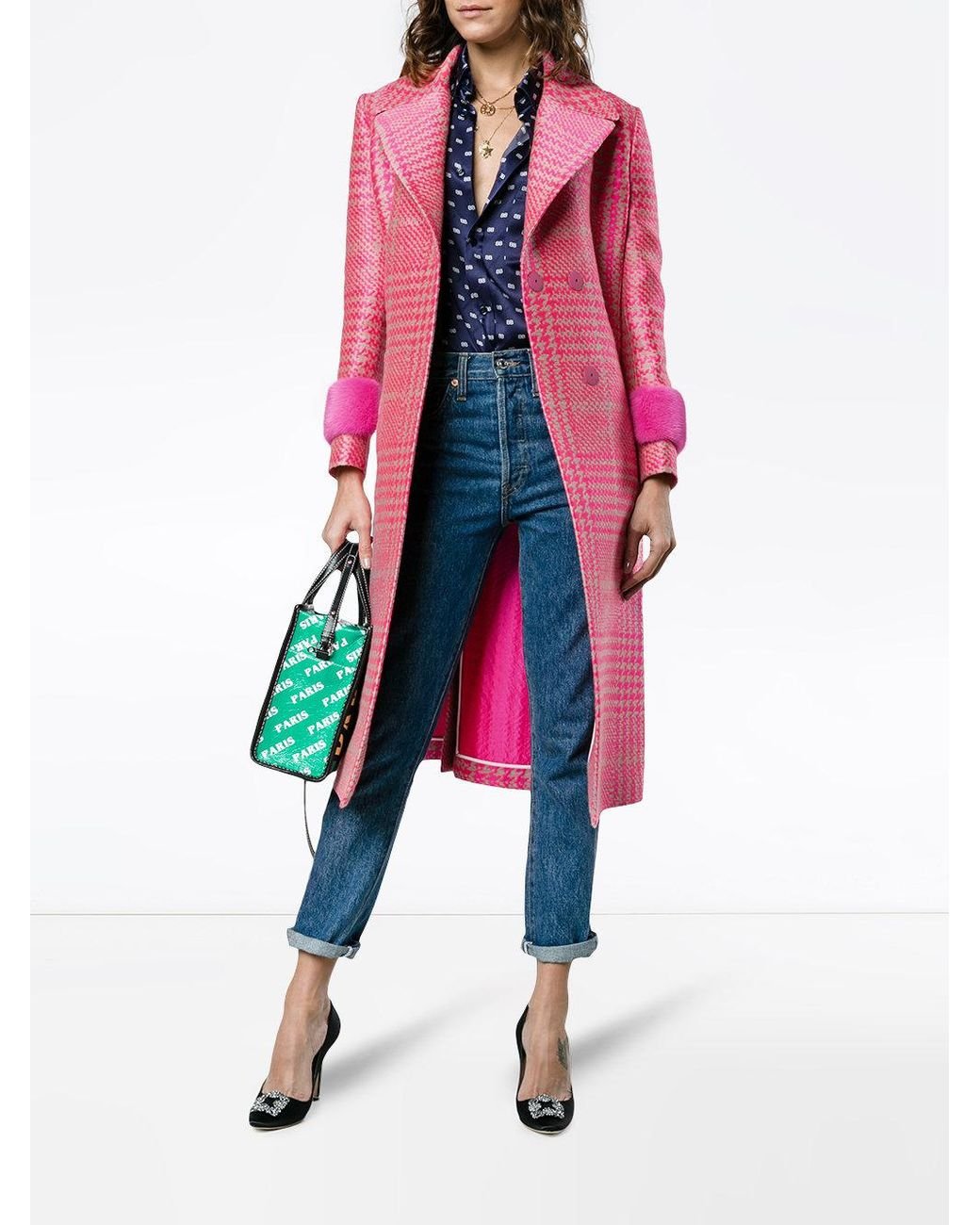 Fendi Houndstooth Double Breasted Coat With Mink Cuff in Pink Lyst