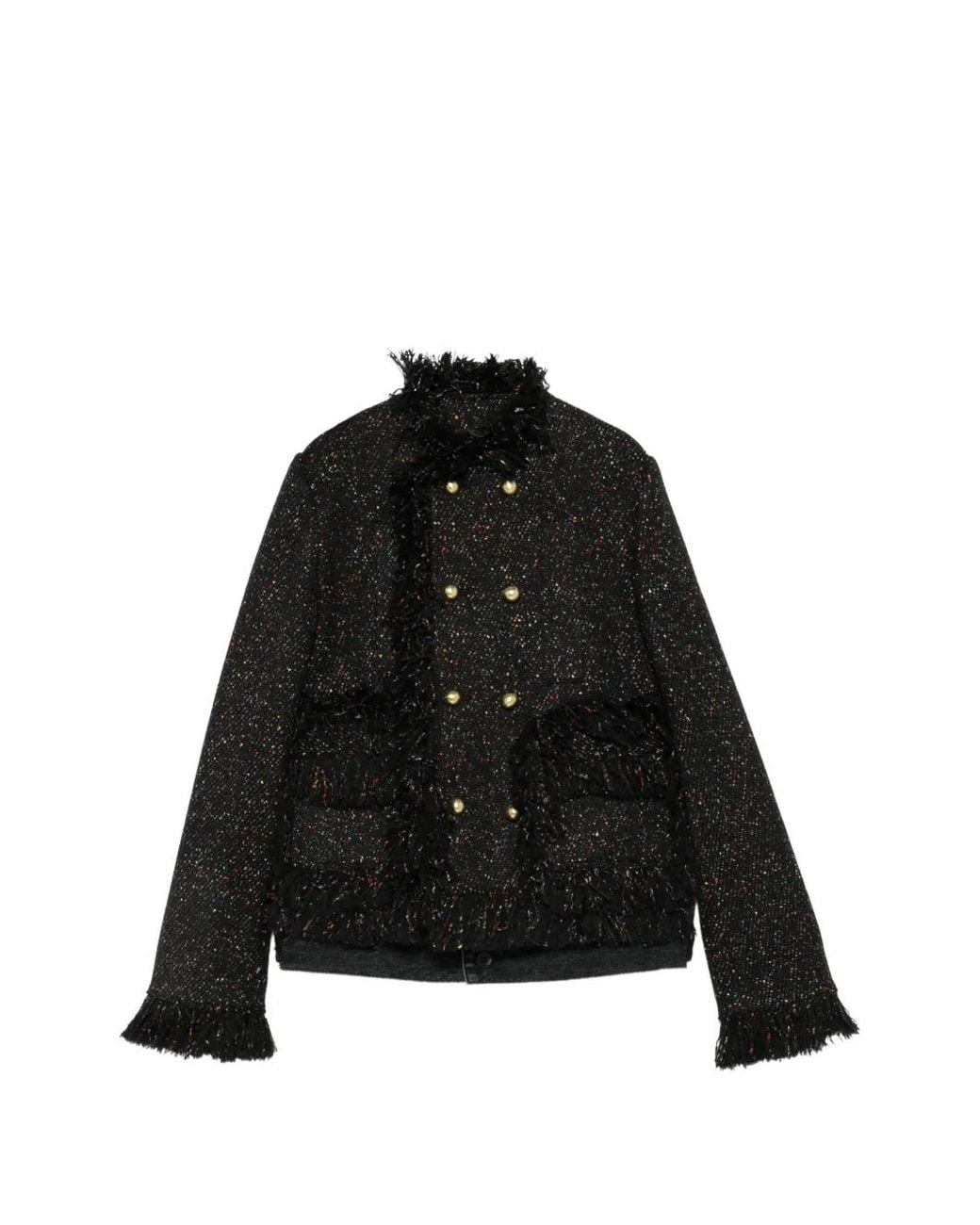 Sacai Black Manteau Croisé À Franges