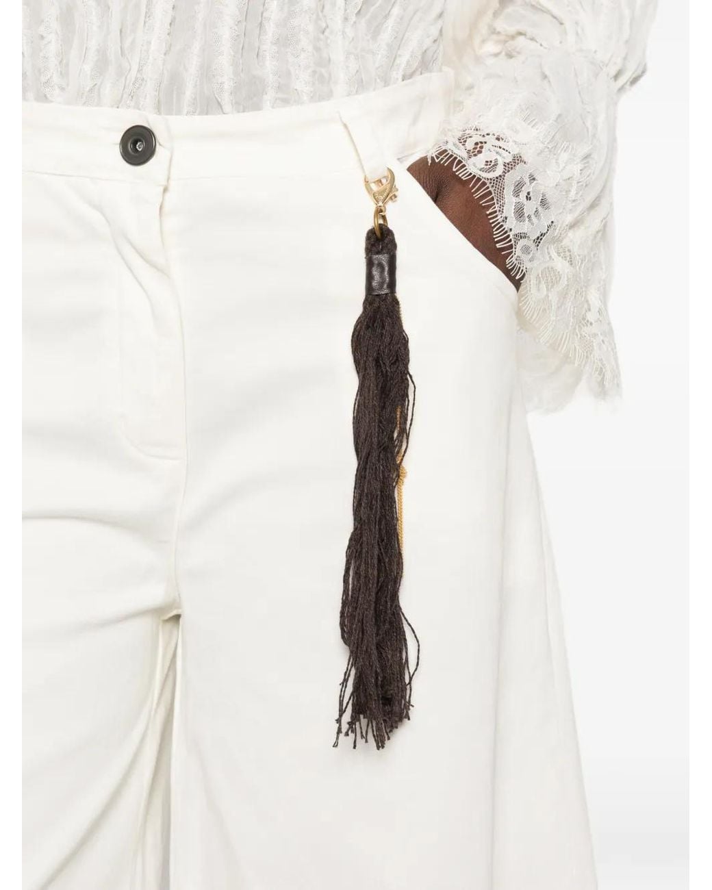 PHILIA LOFT White Tassel-Detail Wide-Leg Trousers