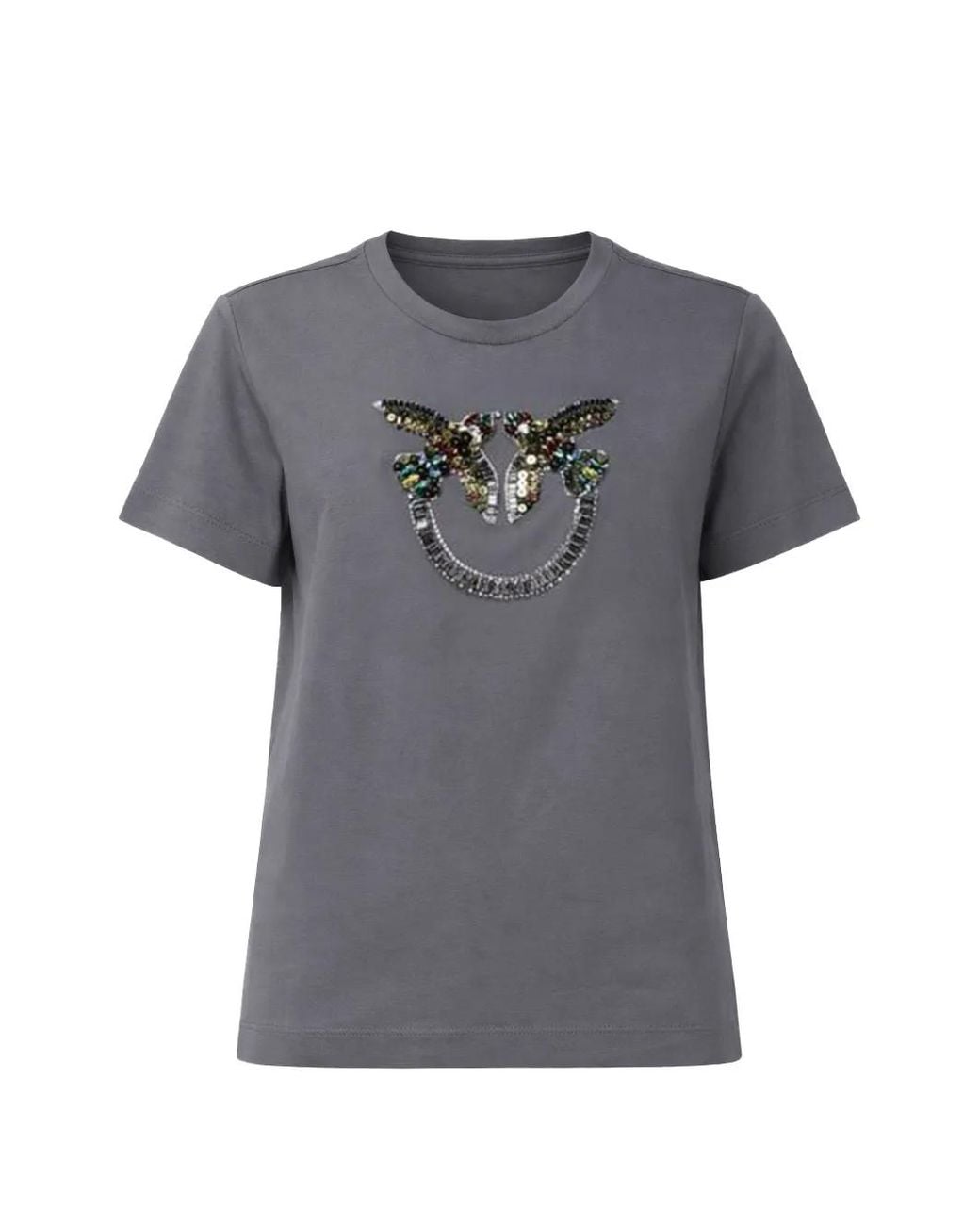 Pinko Gray T-Shirt With Love Birds Jewel Maxi Embroidery