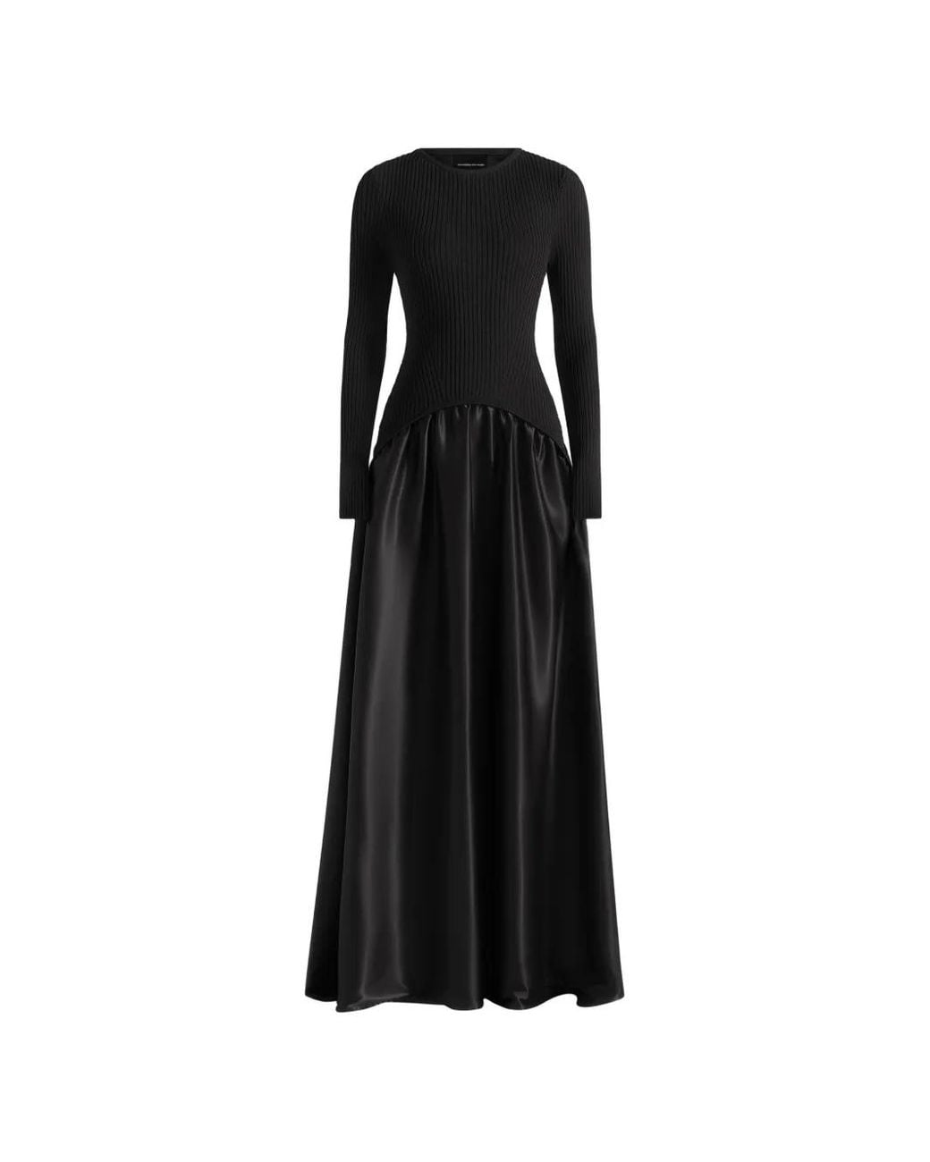 Manière De Voir Black Adeline Knit & Satin Curved Hem Maxi Dress