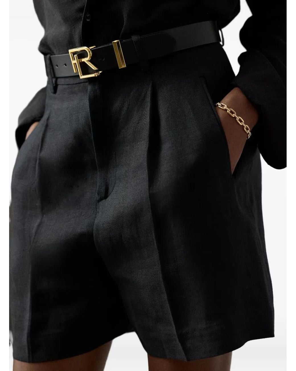 Ralph Lauren Black Pleated Linen Tailored Shorts