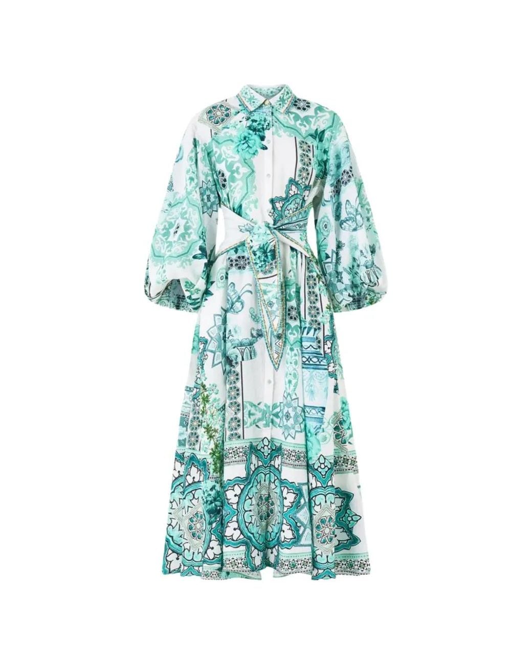 Camilla Blue Printed Bubble-Sleeve Shirt Midi Dress