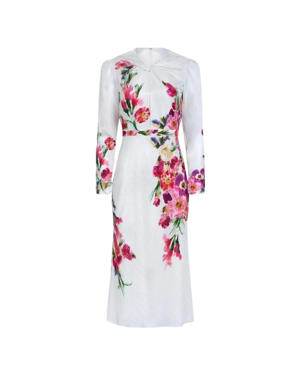 Saloni White Midi Claudia Floral-Print Silk Dress