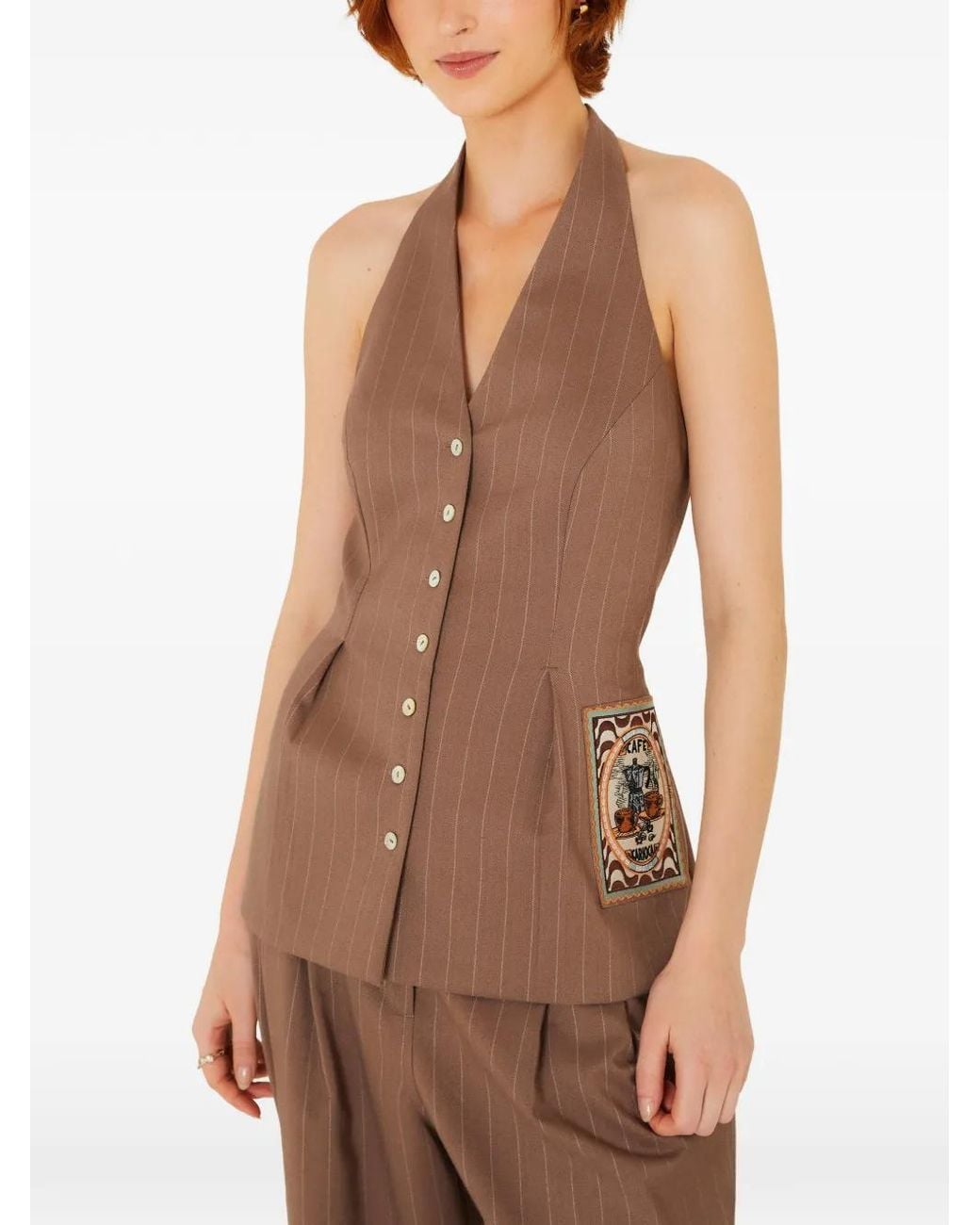 Farm Rio Brown Pinstriped Patch-Detail Waistcoat