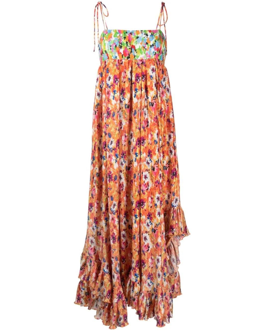 MSGM Orange Robe Longue Plissée À Fleurs