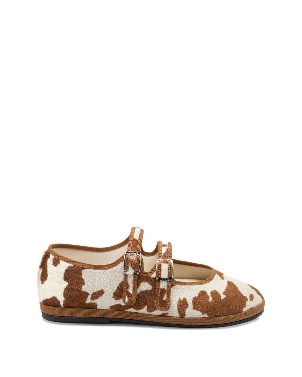 Gondolina Brown Cow-Print Double-Strap Mary Jane Ballet Flats
